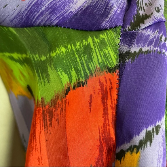 Vintage Floral Blouse Sheer Stripe Vibrant Colors Rolled Collar Eclectic Pleats - Picture 11 of 16